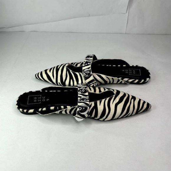 Shu Shop Alma Leather Zebra Hair Mules Ballerina Silver Pointed Toe Womens - Picture 8 of 10